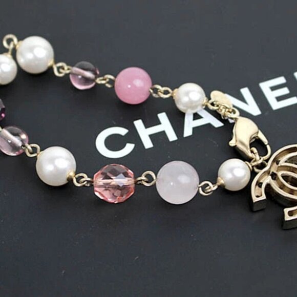 CHANEL CC Logos Pearl Multicolor Stone Bracelet 7" Gold Tone Auth D-1002 - Picture 4 of 4